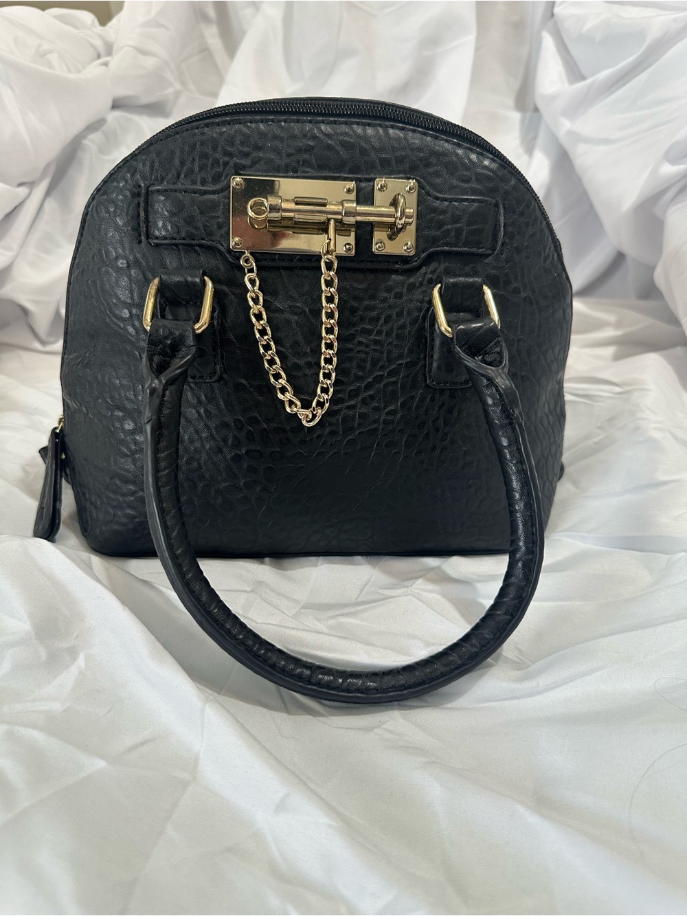 Apt. 9 Black Textured Mini Dome Satchel with Gold Chain Lock Accent Small Purse